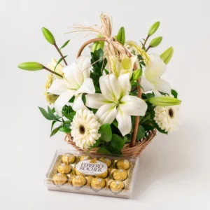 Cesta de Lírios, Gérberas Brancas e Chocolate