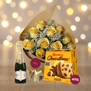 Buque de 12 Rosas Amarelas + Mini Chandon e Chocotone