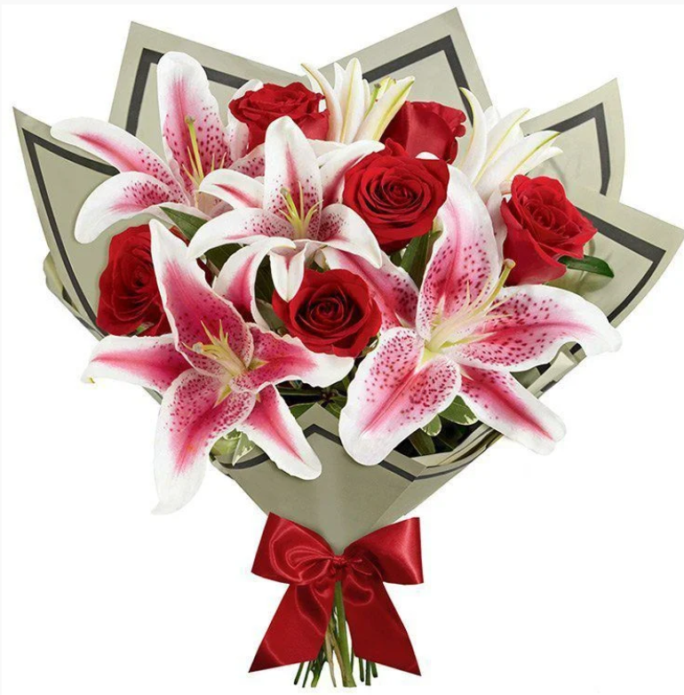 Buque Classic Rosas Vermelhas Com lírio cor de rosa
